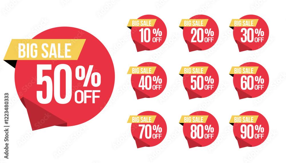 Trendy big sale red label different clearance value set. 10, 20, 30, 40, 50, 60, 70, 80, 90, 100 percent price cut out badge vector illustration isolated on white background, Discount price tags.