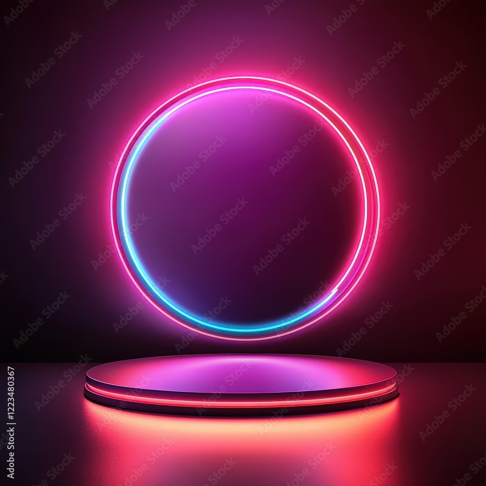 Vibrant Neon Circle and Illuminated Platform: Abstract Background Vibrant Neon Circle and Illuminated Platform: Abstract Background