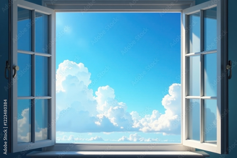 serene blue sky with fluffy white clouds behind closed windowpane, serene, atmosphere serene blue sky with fluffy white clouds behind closed windowpane, serene, atmosphere