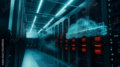 A cloud superimposed over a bustling server room, with lines of code flowing from the cloud to the racks of servers, showcasing the synergy between cloud infrastructure and on-prem