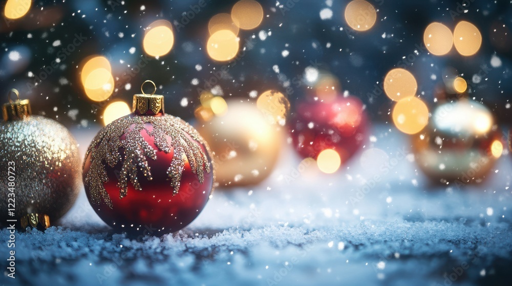 Festive christmas ornaments amid snow and soft bokeh lights Festive christmas ornaments amid snow and soft bokeh lights