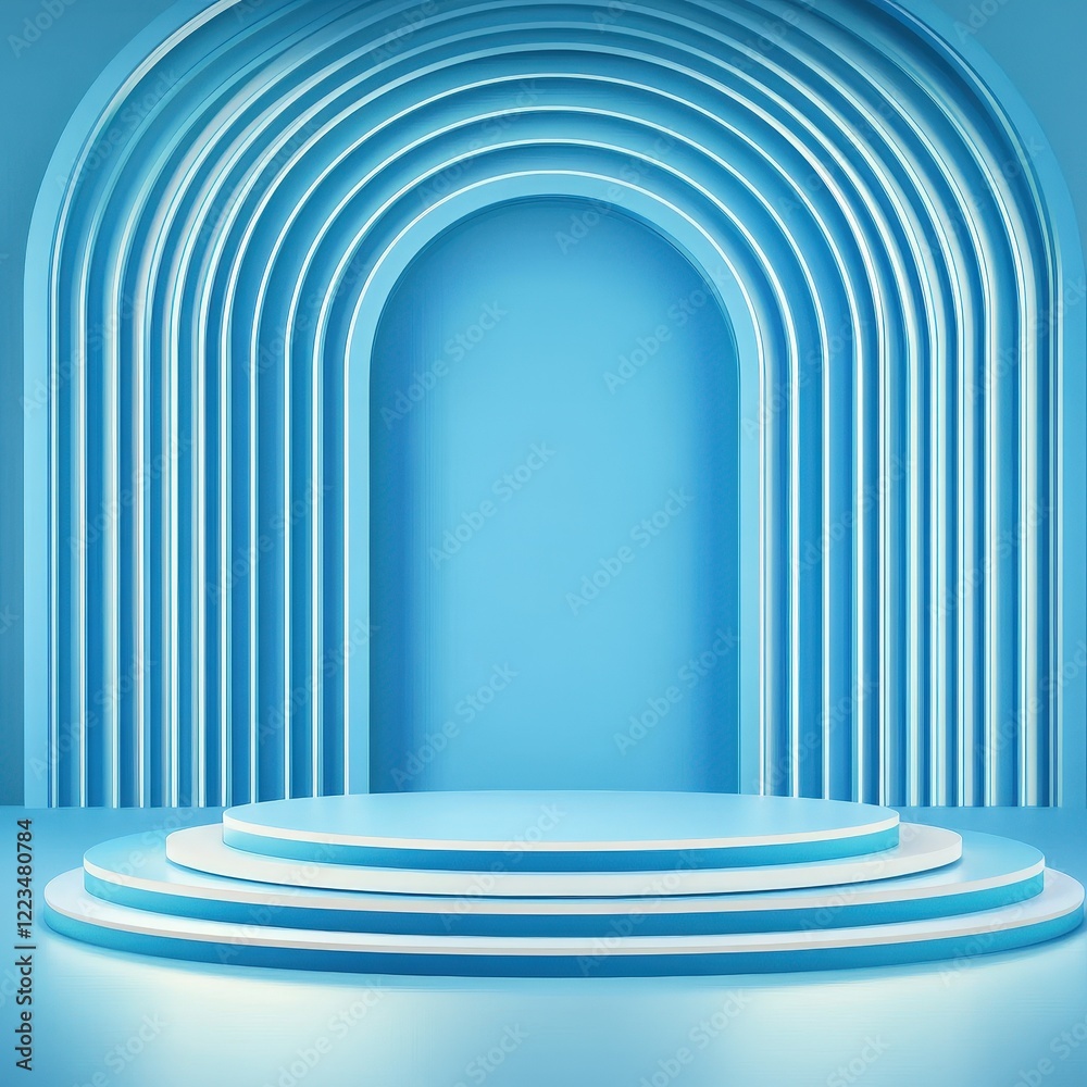 Naklejka premium Abstract Blue Archway with Three-Tiered Podium Display.