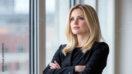 Free Download Businesswoman thoughtfully looking out window, city view, office - GFXLoad