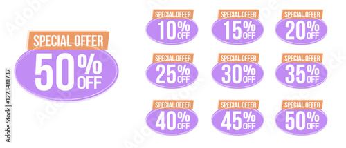 Sets of percent sale tags and banner. 10% 20% 30% 40% 50% 60% 70% 80% 90% set of discount and special sale offer vector illustration.