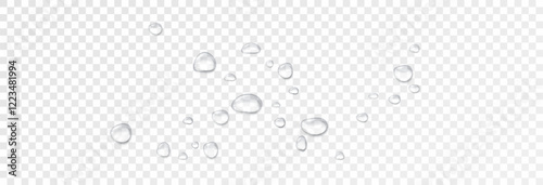 Realistic water drops on a transparent background, condensation on the surface with light reflection and shadow, vector, png, 3D effect.