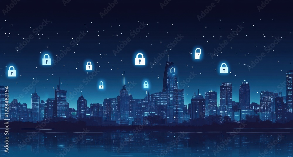 A city skyline at night with digital padlock icons floating above it, symbolizing the security of AI's data protection capabilities in urban areas Generative AI A city skyline at night with digital padlock icons floating above it, symbolizing the security of AI's data protection capabilities in urban areas Generative AI