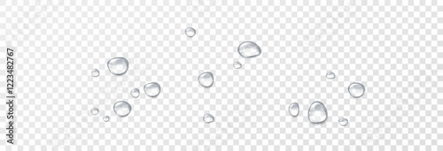 Realistic water drops on a transparent background, condensation on the surface with light reflection and shadow, vector, png, 3D effect.