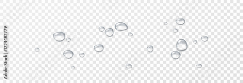Realistic water drops on a transparent background, condensation on the surface with light reflection and shadow, vector, png, 3D effect.	
