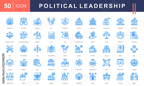 Icon set illustrating Political Leadership, governance, and civic activities, including elections, policies, debates, civil rights, protests, and government strategies. Ideal for political and educati