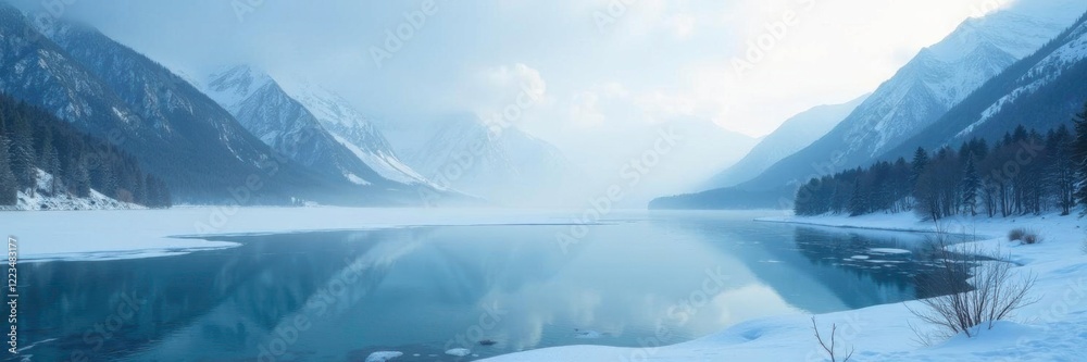 Serene frozen lake with surrounding mountains and a misty atmosphere, misty, peaceful Serene frozen lake with surrounding mountains and a misty atmosphere, misty, peaceful