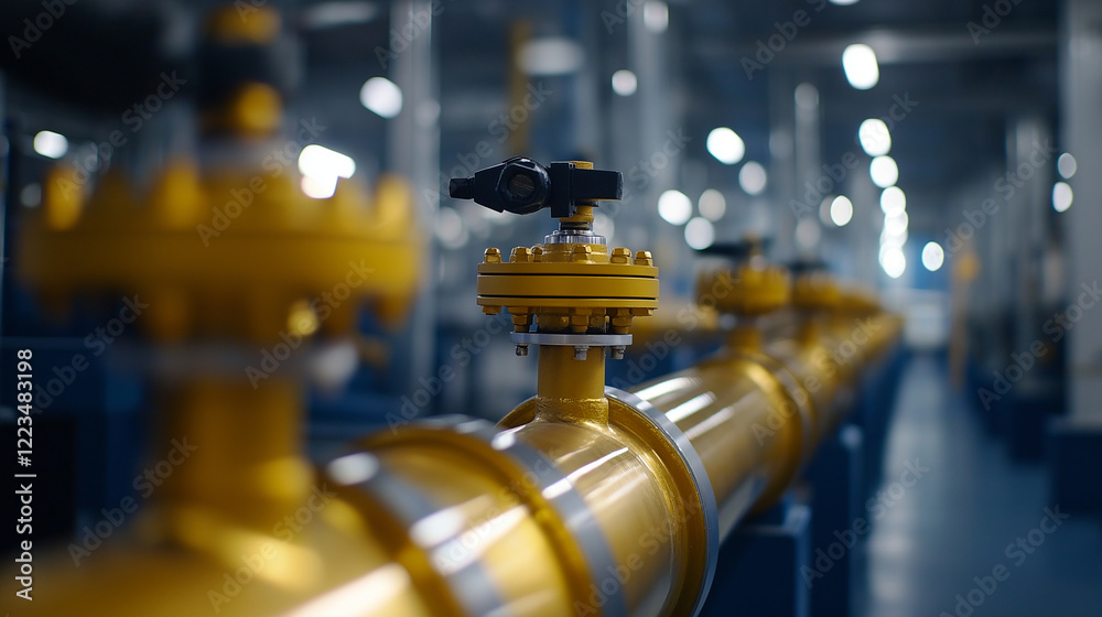 An image showing a close-up of a high-pressure gas pipeline system, valves, and safety devices clearly visible inside a large industrial facility with stainless steel pipes. An image showing a close-up of a high-pressure gas pipeline system, valves, and safety devices clearly visible inside a large industrial facility with stainless steel pipes.