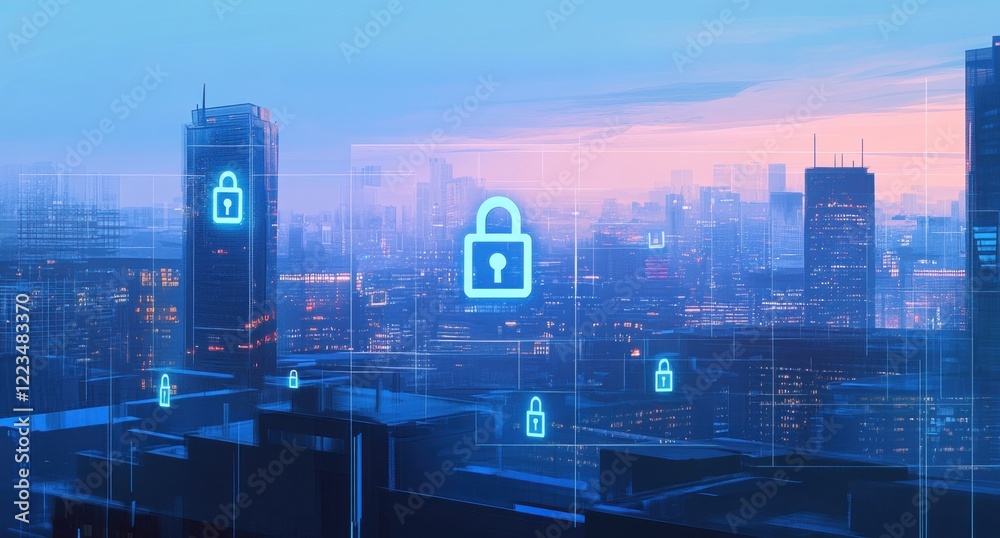 Obraz premium A digital cityscape with holographic padlock icons floating above, symbolizing the concept of cyber security in urban areas Generative AI