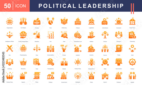 Icon set illustrating Political Leadership, governance, and civic activities, including elections, policies, debates, civil rights, protests, and government strategies. Ideal for political and educati