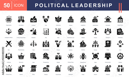 Icon set illustrating Political Leadership, governance, and civic activities, including elections, policies, debates, civil rights, protests, and government strategies. Ideal for political and educati