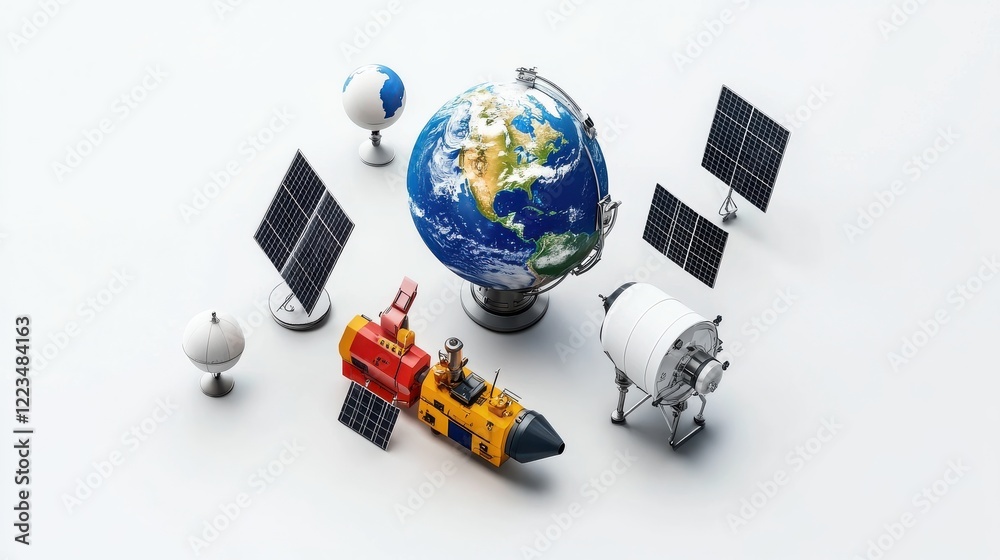 Fototapeta premium Colorful globe with solar panels and a spacecraft model, showcasing renewable energy concepts