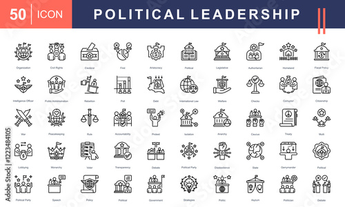Icon set illustrating Political Leadership, governance, and civic activities, including elections, policies, debates, civil rights, protests, and government strategies. Ideal for political and educati
