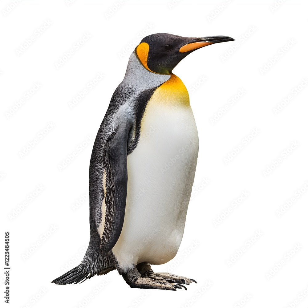 Fototapeta premium King penguin isolated on white background. Majestic bird with black and white plumage, perfect for wildlife themes, educational materials, or nature projects. Clean, professional presentation