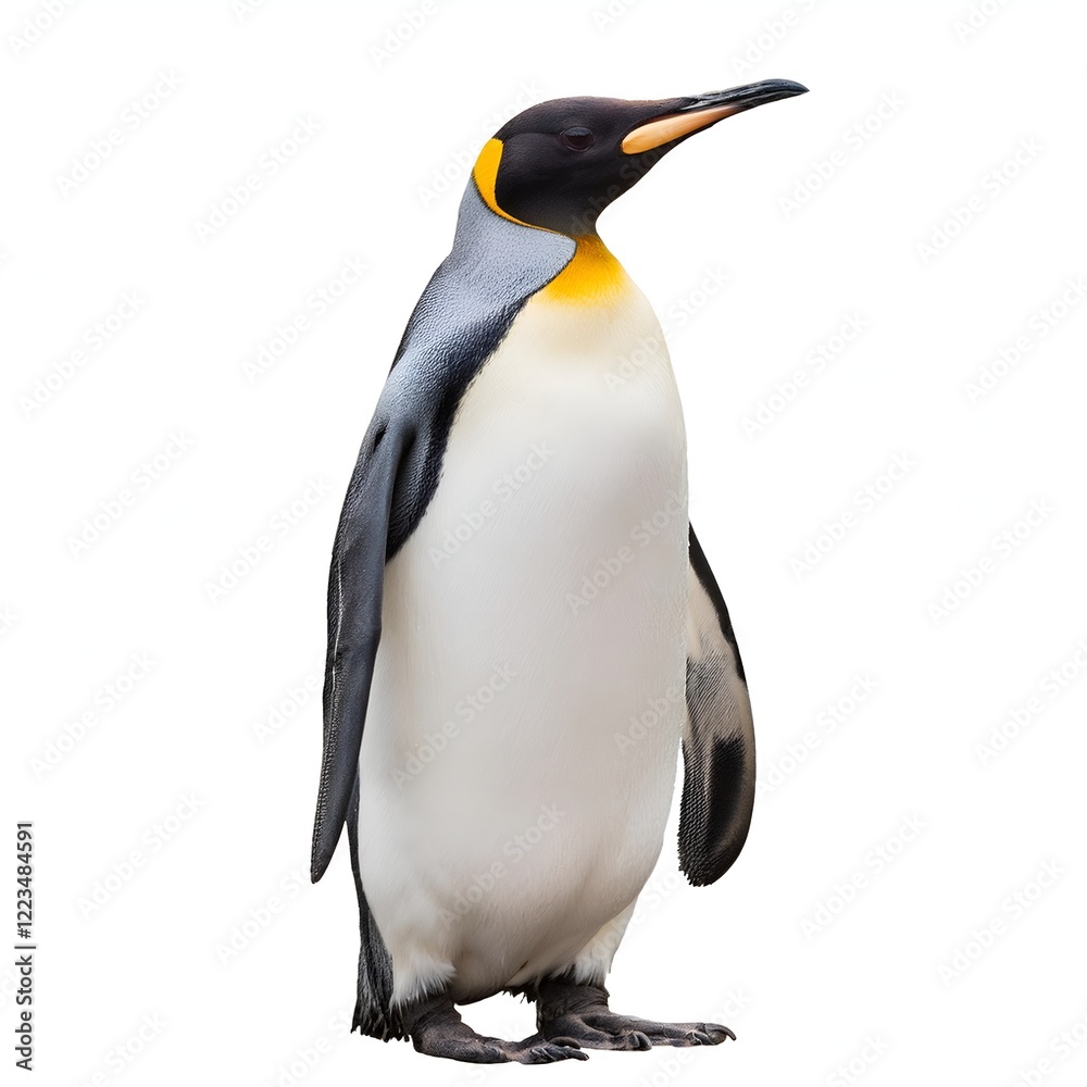 Fototapeta premium King penguin isolated on white background. Majestic bird with black and white plumage, perfect for wildlife themes, educational materials, or nature projects. Clean, professional presentation