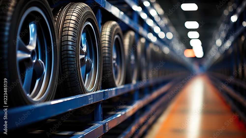 Obraz premium mend the tires In a service facility or auto repair shop, inspect the state of the new tires that are available for replacement. 