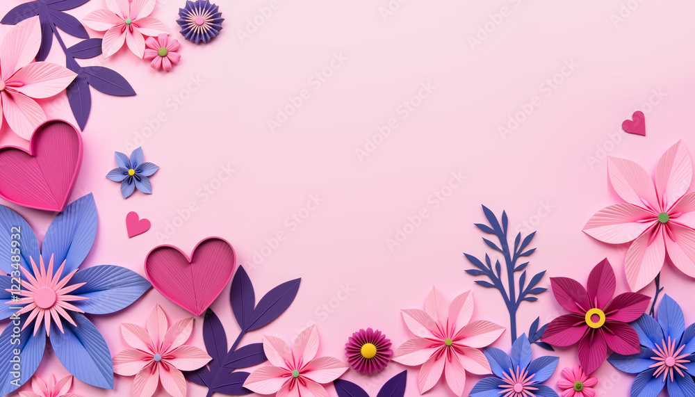 Fototapeta premium Colorful paper flowers and hearts on pink background