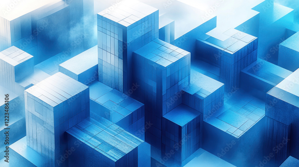 Fototapeta premium abstract composition made in cold blue tones. It is a structure of geometric blocks resembling buildings or cubes, of different heights and textures. 