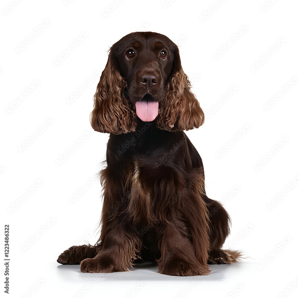 Panting brown English cocker spaniel dog sitting isolated on white background. Adorable and friendly, ideal for pet-related projects or advertising. Clean, professional presentation Panting brown English cocker spaniel dog sitting isolated on white background. Adorable and friendly, ideal for pet-related projects or advertising. Clean, professional presentation