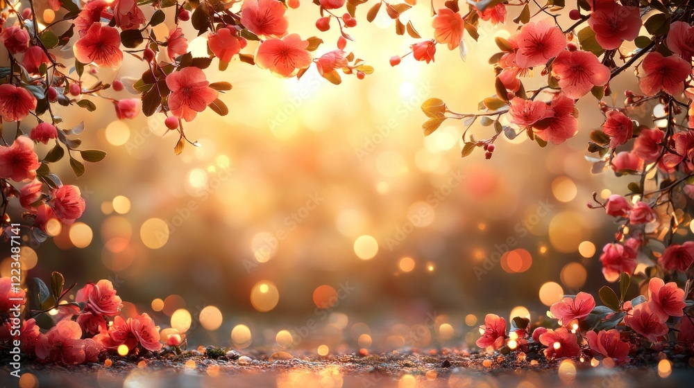 Fototapeta premium Spring blossoms frame sunset garden bokeh background