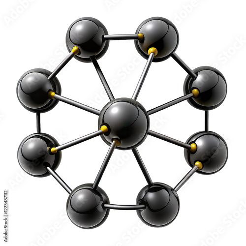 This is a 3D render of a molecular model with black spheres and yellow connectors. It represents a scientific concept in chemistry.