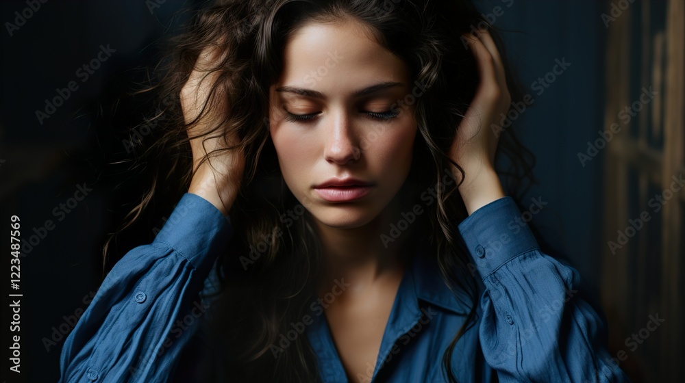 Mental Health Awareness, exhausted, depressed female touching her forehead. Mental Health Awareness, exhausted, depressed female touching her forehead.