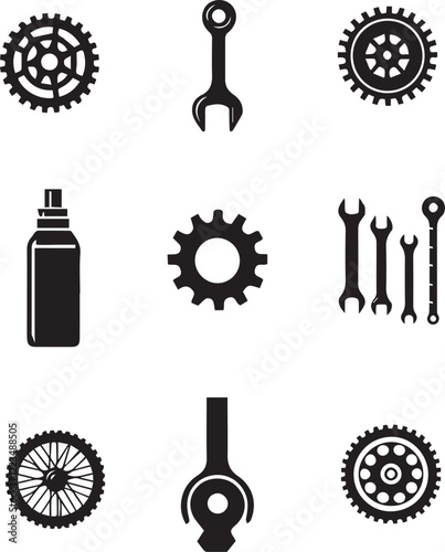 Bicycle parts bundle silhouette icon vector art illustration