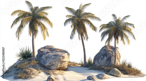 Tropical Island with Palm Trees and Rocks