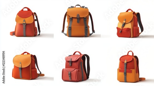 Kids school bag, backpack or rucksack with webbing, orange and red colors knapsack different angle view. Student backpack or schoolbag isolated on white background, Realistic 3d vector icons set