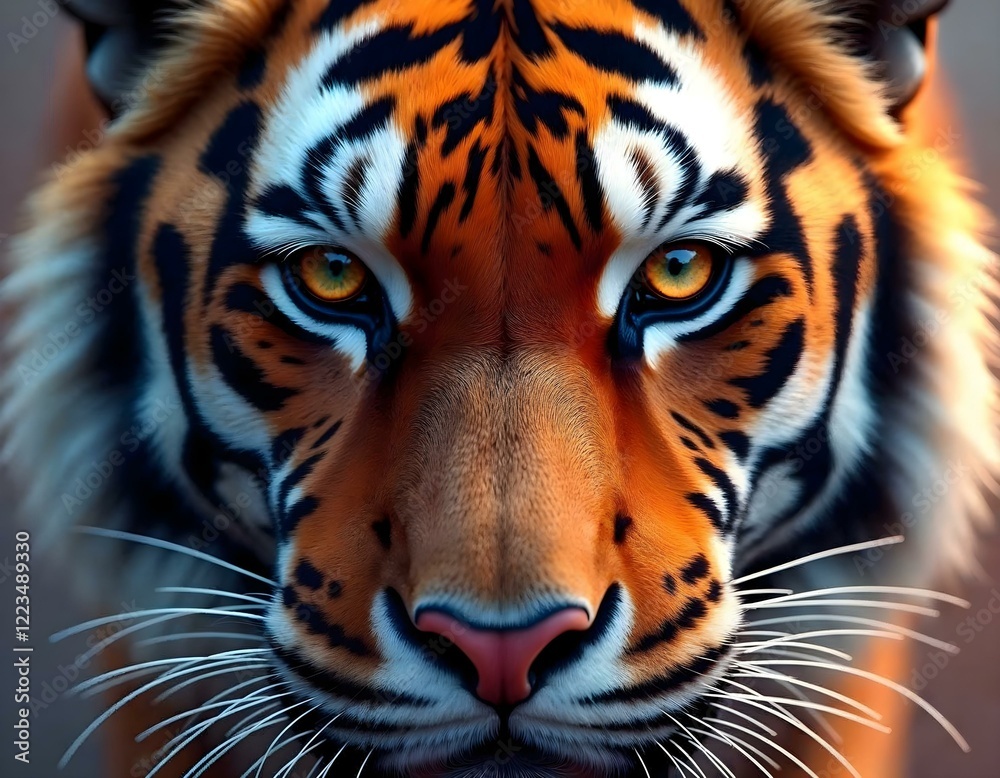 Fototapeta premium Majestic tiger portrait, intense blue eyes, vibrant orange fur, sharp black stripes, detailed whiskers, close-up facial features
