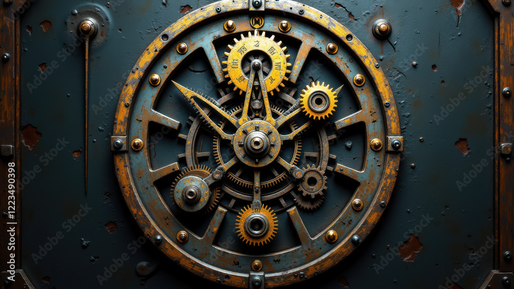 Fototapeta premium Industrial mechanical wheel in motion against rusty metal background.