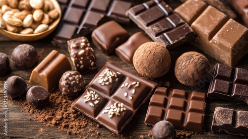 Aromatic Indulgence: A delectable array of assorted chocolates, including dark, milk, and white chocolate bars, truffles, and cocoa powder, displayed on a rustic wooden surface.