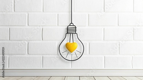 Yellow heart inside hanging wire light bulb on white brick wall photo