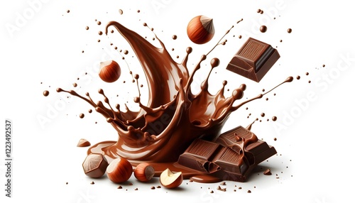 chocolate splash and hazelnuts, cocoa cacao melt splashing, isolated on a white background