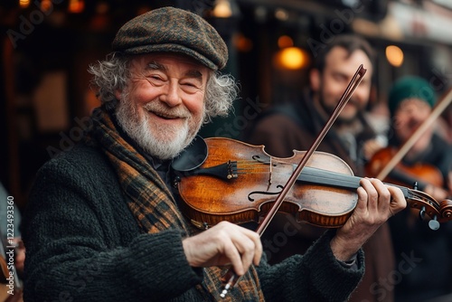 
An Irish ensemble playing traditional instruments has gathered in a pub while guests celebrate and dance.