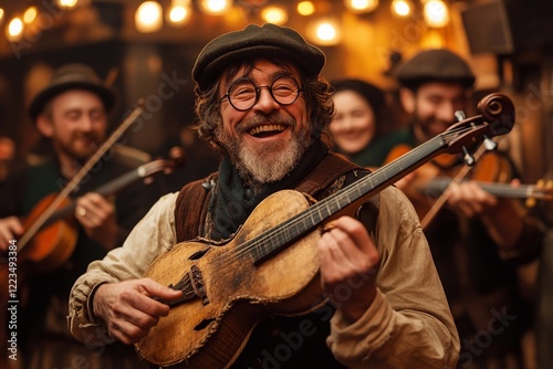 
An Irish ensemble playing traditional instruments has gathered in a pub while guests celebrate and dance.