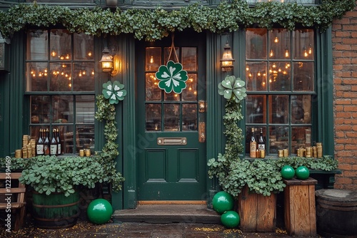
Decorations at the entrance to the pub for St. Patrick's Day: green balls, flags, clovers and gold coins.



