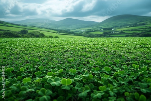 
Field with four-leaf clover plants against a cloudy sky and green hills of Ireland.


