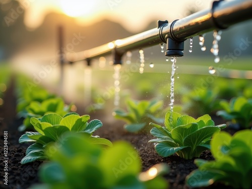 Innovative irrigation system enhances crop growth in a sustainable agriculture setting at sunrise
