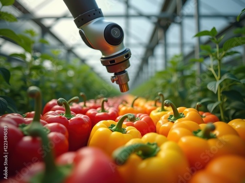 Robotic arm tending to vibrant bell peppers in a high-tech greenhouse showcasing innovative agriculture practices photo