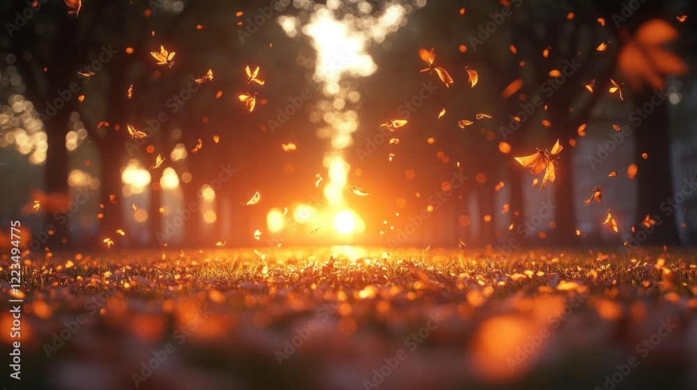 Naklejka premium Sunset autumn leaves park fall background design