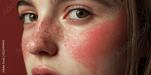 Close up of freckled skin with rosy cheeks