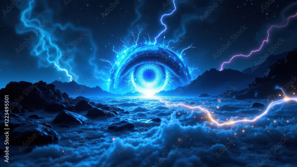 Futuristic eye portal with vibrant blue energy and cosmic scenery, featuring lightning bolts and mysterious aura. Futuristic eye portal with vibrant blue energy and cosmic scenery, featuring lightning bolts and mysterious aura.