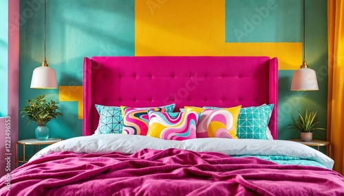 Vibrant Pink Bedroom Design with Geometric Pillows and Teal Walls photo