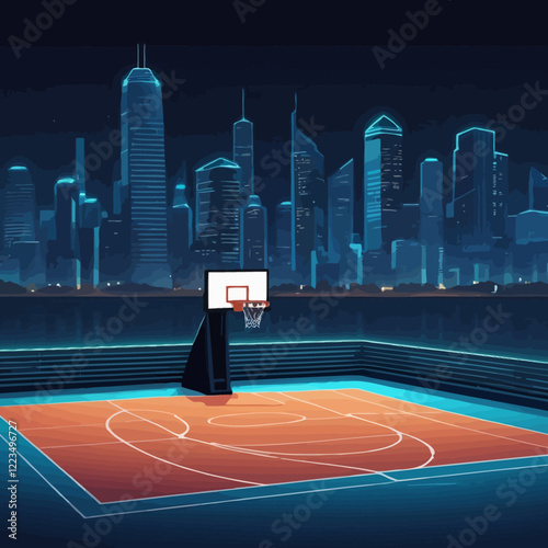 Night street basketball court and neon cityscape. Outdoor playground for basket sport game near sea shore cartoon vector background. Empty school team arena stadium on coast with skyscraper glow view