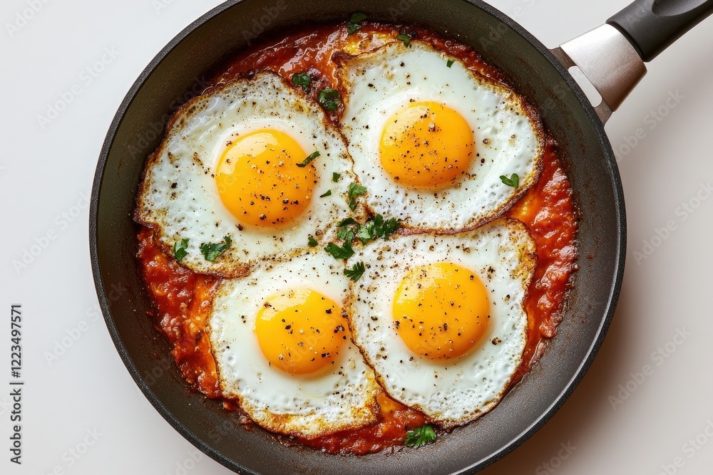 Fried eggs on tomato sauce garnished with parsley in a non-stick pan. Fried eggs on tomato sauce garnished with parsley in a non-stick pan.