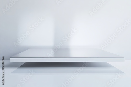 Minimalist white podium with a reflective surface, doubling the visual impact of the product through its mirrored effect.